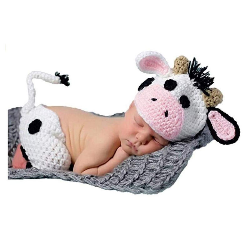 Vedory Fashion Newborn Baby Photography Props Boy Girls Photo Shoot Props Outfits Crochet Knitted Costume Unisex Cute Infant Hat Pants Set (Cow) - Image 1